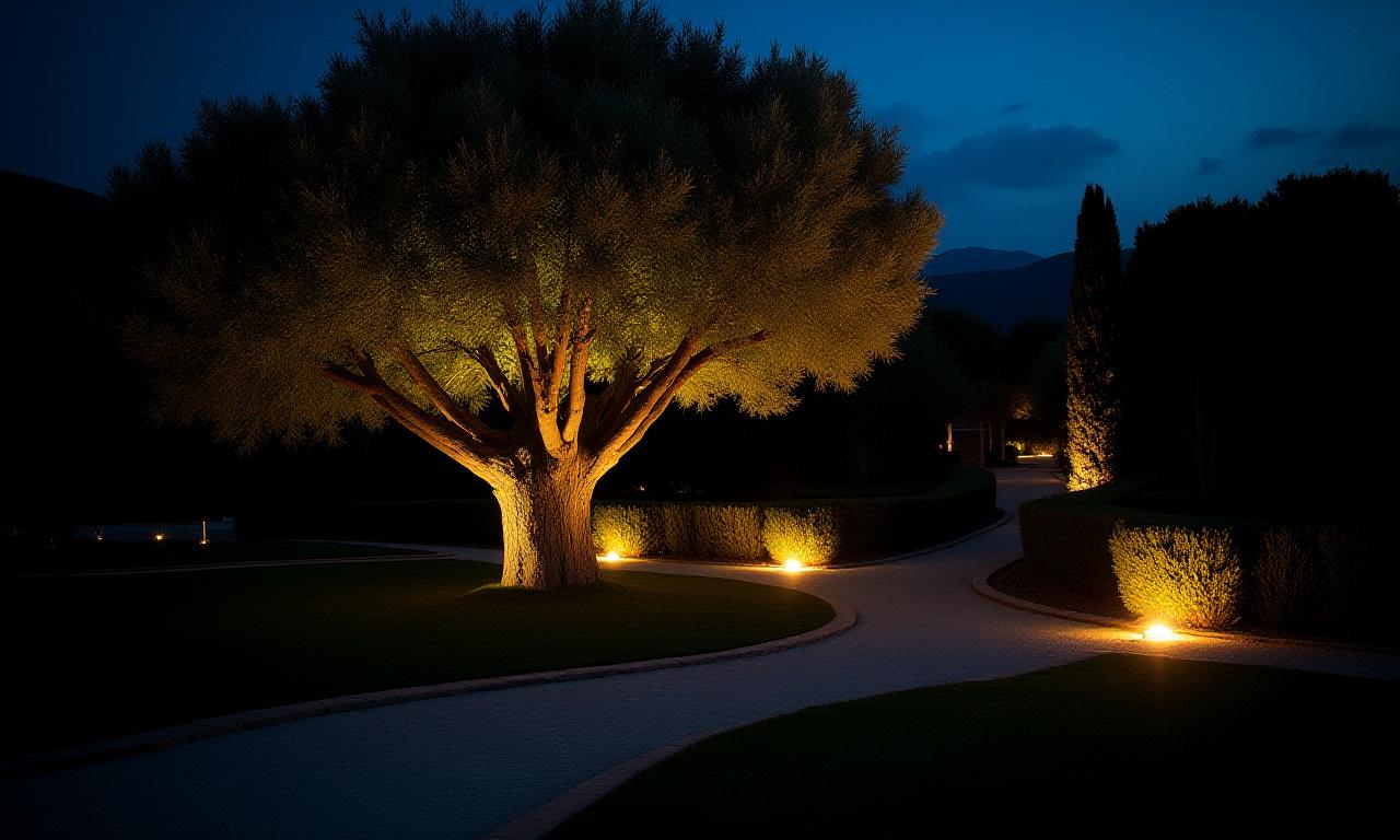 Un giardino con illuminazione scenografica sapientemente posizionata che mette in risalto un ulivo secolare e percorsi sinuosi.