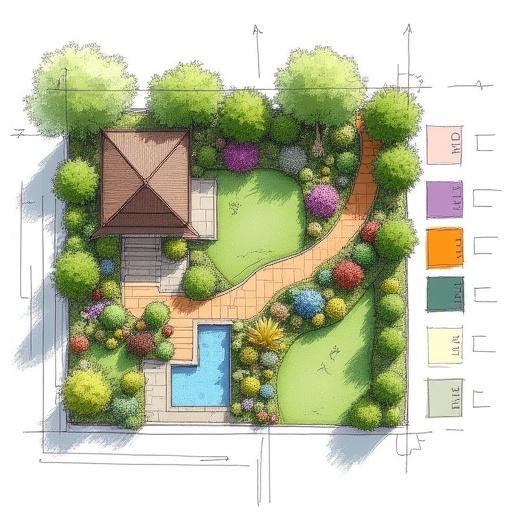 Schizzo di un progetto di giardino con indicazioni di colore